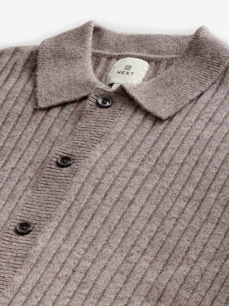 Nevtralno - Regular Fit Premium Lambswool Blend Rib Texture Button Through Jumper - Slika 8 iz 8