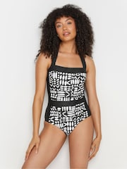 M&Co Black Print Monotone Halter Swimsuit - Image 1 of 8