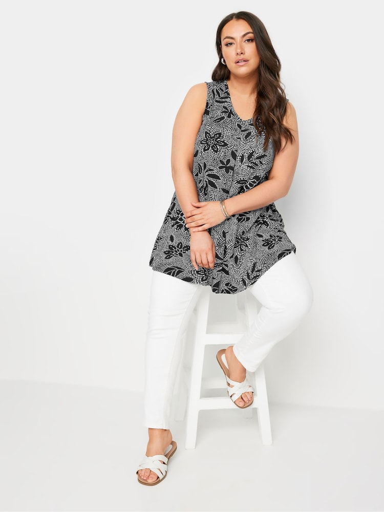 Yours Curve Black Abstract Floral Print Swing Vest Top - Image 1 of 4