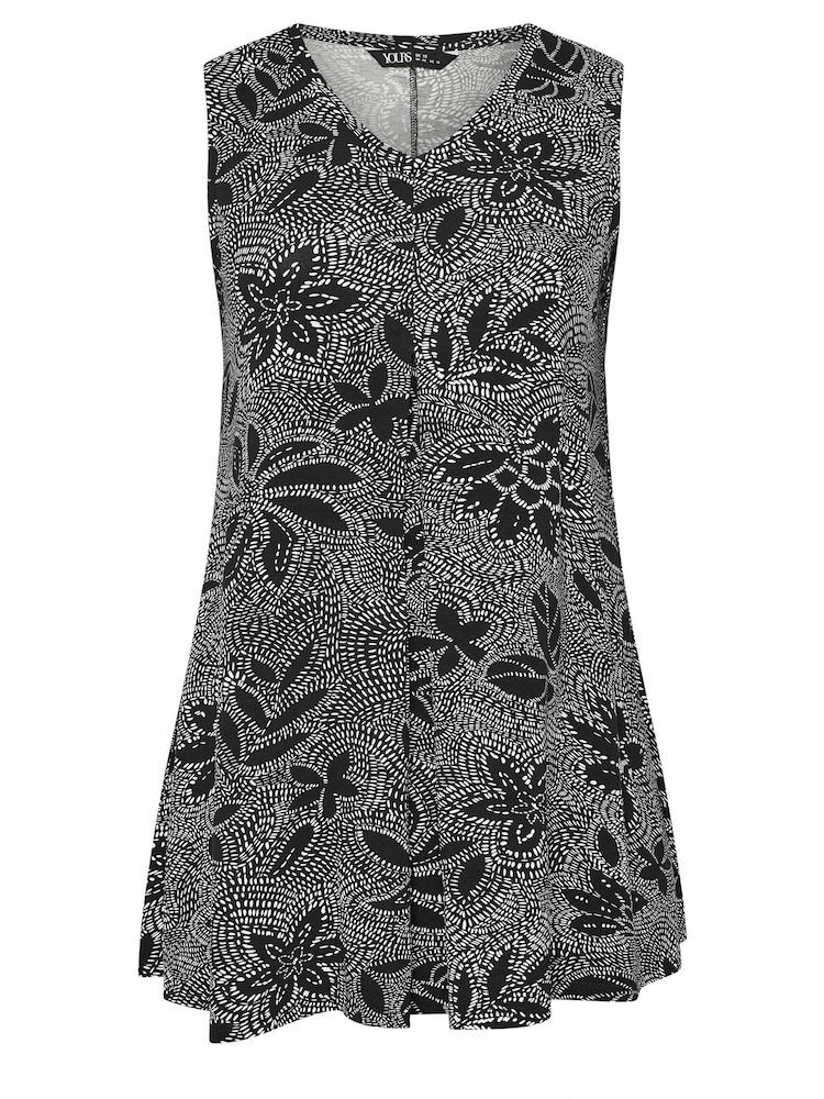 Yours Curve Black Abstract Floral Print Swing Vest Top - Image 4 of 4