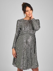 JoJo Maman Bébé Silver Sequin Shift High Neck Maternity Mini Dress - Image 3 of 5