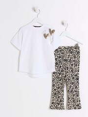 River Island White Girls Hite Trio Heart 100% Cotton T-Shirt and Kickflare Set - Image 1 of 5