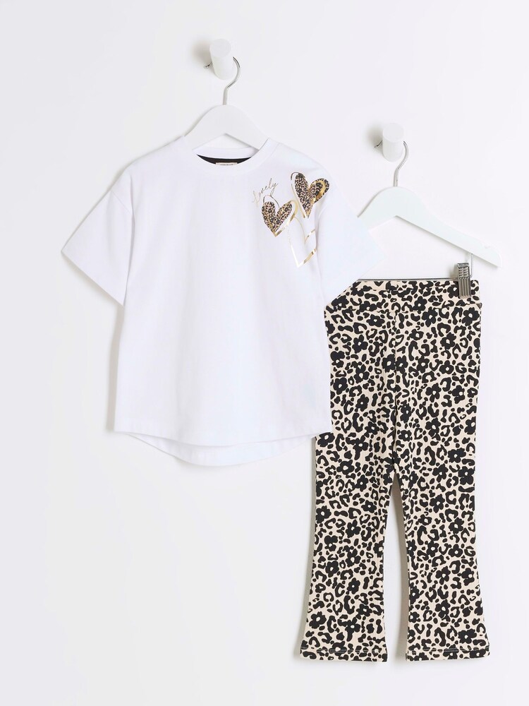 River Island White Girls Hite Trio Heart 100% Cotton T-Shirt and Kickflare Set - Image 1 of 5