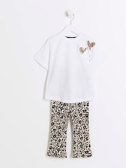 River Island White Girls Hite Trio Heart 100% Cotton T-Shirt and Kickflare Set - Image 5 of 5