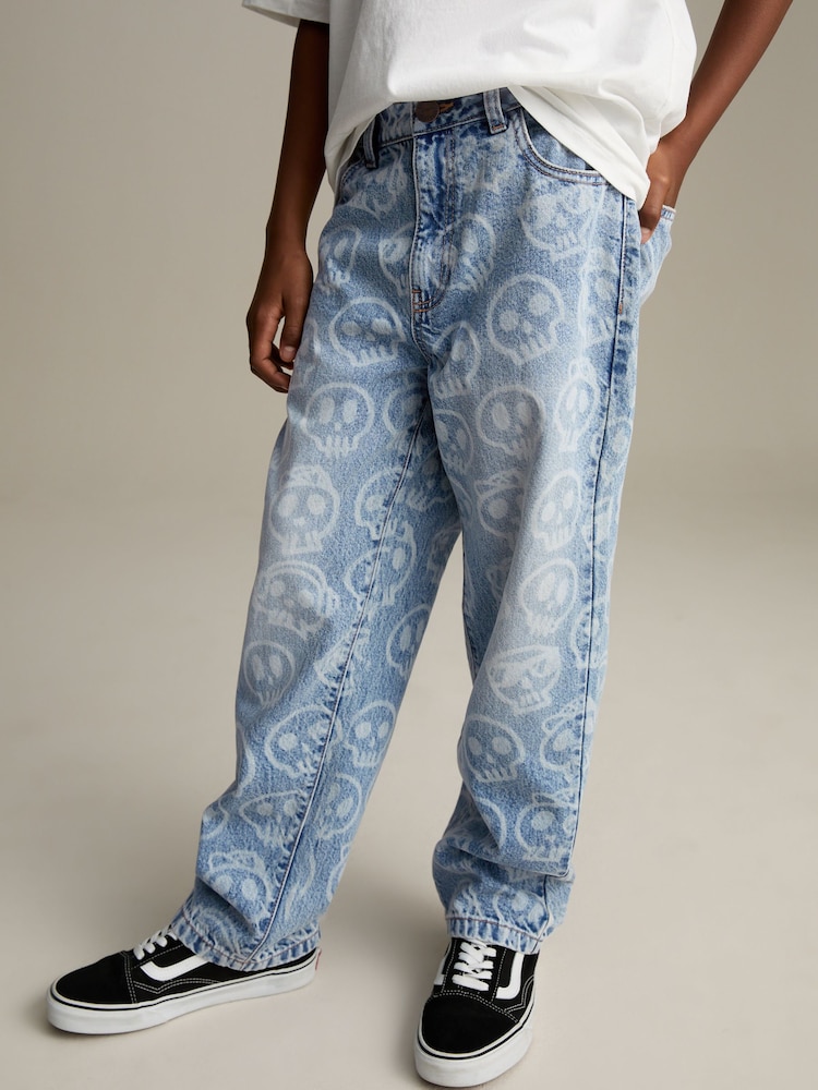 Blue All-Over Skull Denim 100% Cotton Jeans (3-16yrs) - Image 1 of 8