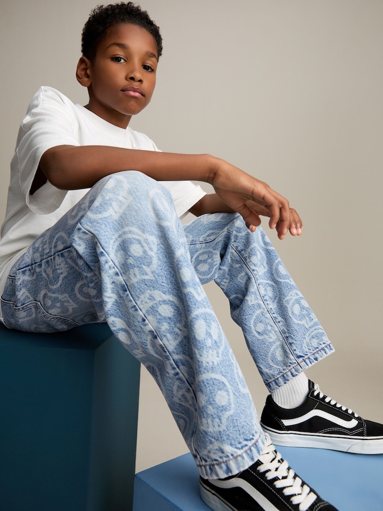 Blue All-Over Skull Denim 100% Cotton Jeans (3-16yrs) - Image 2 of 8