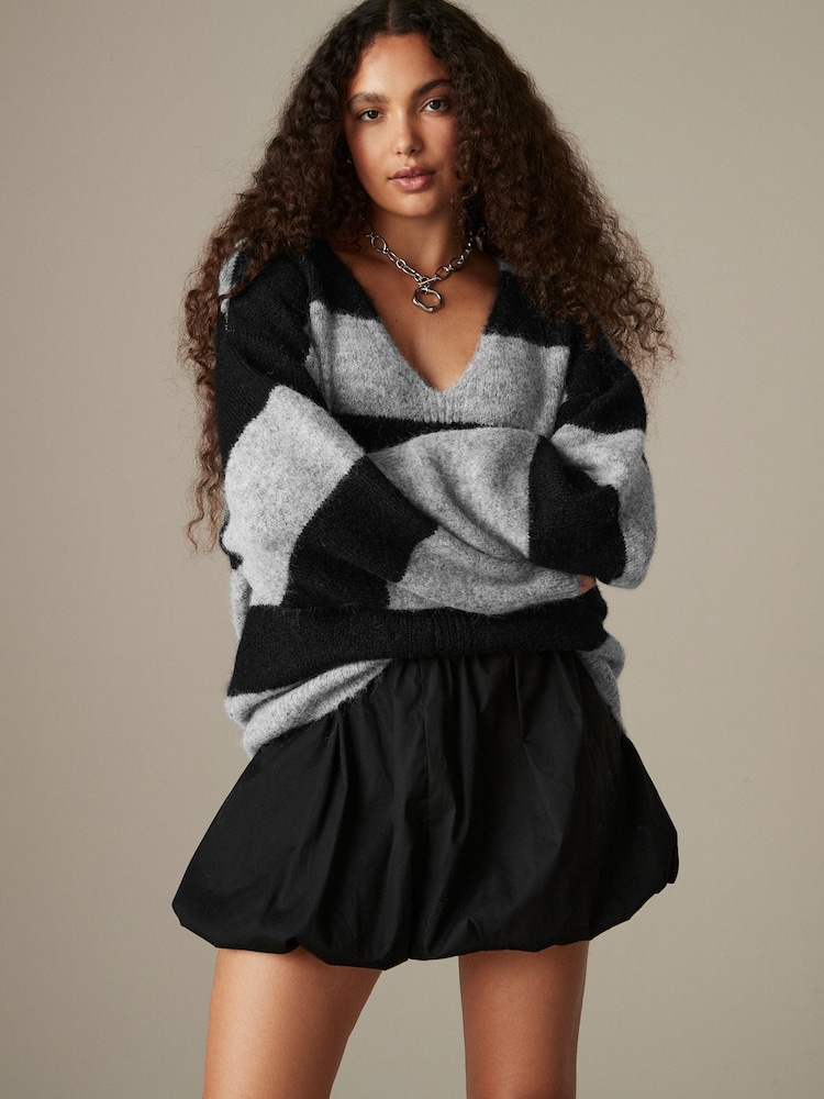 Grey/Black Stripe Relaxed Fit Soft Touch V-Neck Knitted Jumper with Wool - Image 2 of 8