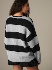 Grey/Black Stripe Relaxed Fit Soft Touch V-Neck Knitted Jumper with Wool - Image 4 of 8