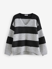 Grey/Black Stripe Relaxed Fit Soft Touch V-Neck Knitted Jumper with Wool - Image 6 of 8