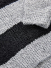 Grey/Black Stripe Relaxed Fit Soft Touch V-Neck Knitted Jumper with Wool - Image 7 of 8