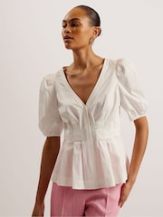 Ted Baker White Burdur Stitch Detail Puff Sleeve Top - Image 1 of 5