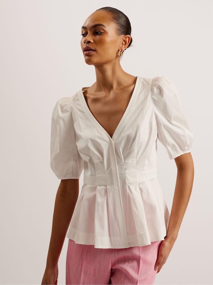 Ted Baker White Burdur Stitch Detail Puff Sleeve Top - Image 1 of 5