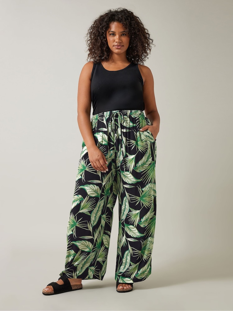 Evans Curve Green Palm Print Wide Leg Trousers - Image 2 of 6