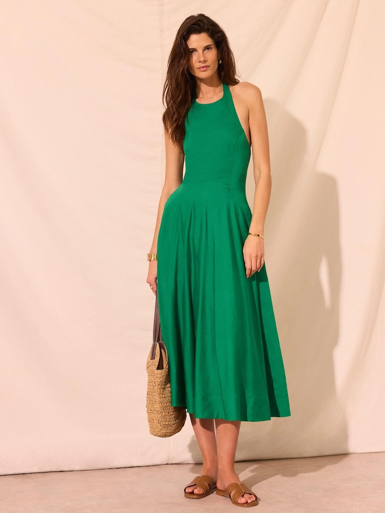 halter linen dress Blue Sky Neck Maxi Dress, Boho Women, Summer Linen Halterneck Maxi Dress, Sleeveless Linen, Clothing For Wedding Guest stopping Penelope maxi dress is brimming with romantic details Dotted Linen Cotton Midi Pocket