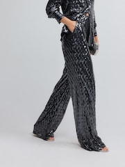 Navy Wide Leg Sequin Trousers - Image 3 of 8