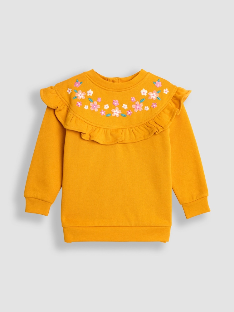 JoJo Maman Bébé Mustard Embroidered Frill Sweatshirt - Image 1 of 3