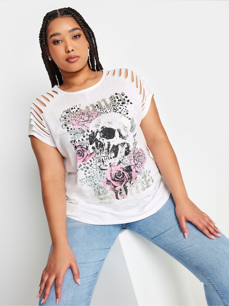 Yours Curve White Cut Out Butterfly Embellished T-Shirt - Image 1 of 5 Yours Curve White Cut Out Butterfly Embellished T-Shirt - Image 1 of 5