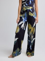 Navy Floral Print Textured Wide Leg Jersey Trousers - Image 1 of 7
