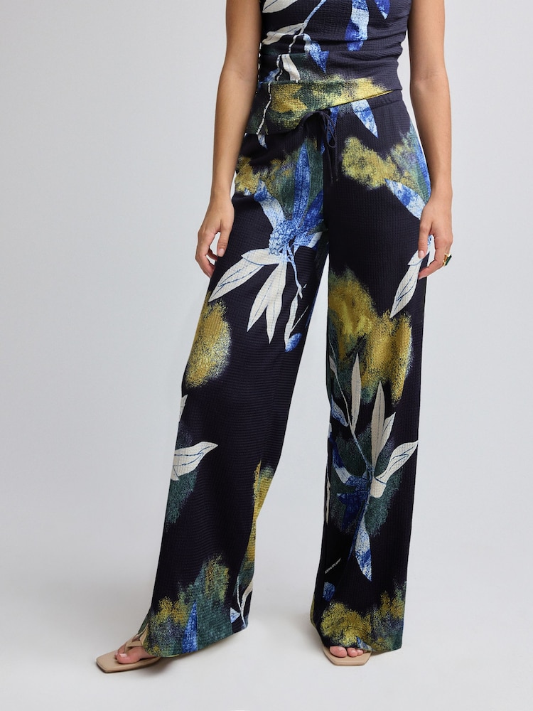 Navy Floral Print Textured Wide Leg Jersey Trousers - Image 1 of 7