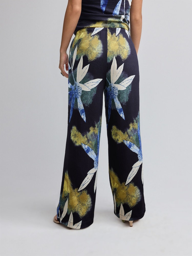 Navy Floral Print Textured Wide Leg Jersey Trousers - Image 2 of 7