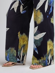 Navy Floral Print Textured Wide Leg Jersey Trousers - Image 3 of 7