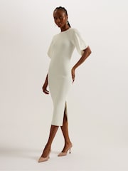 Ted Baker Cream Raelea Rib Engineered Bodycon Midi Dress - Image 1 of 6