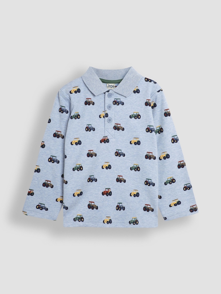 JoJo Maman Bébé Blue Tractor Long Sleeve Print Polo Shirt - Image 1 of 3