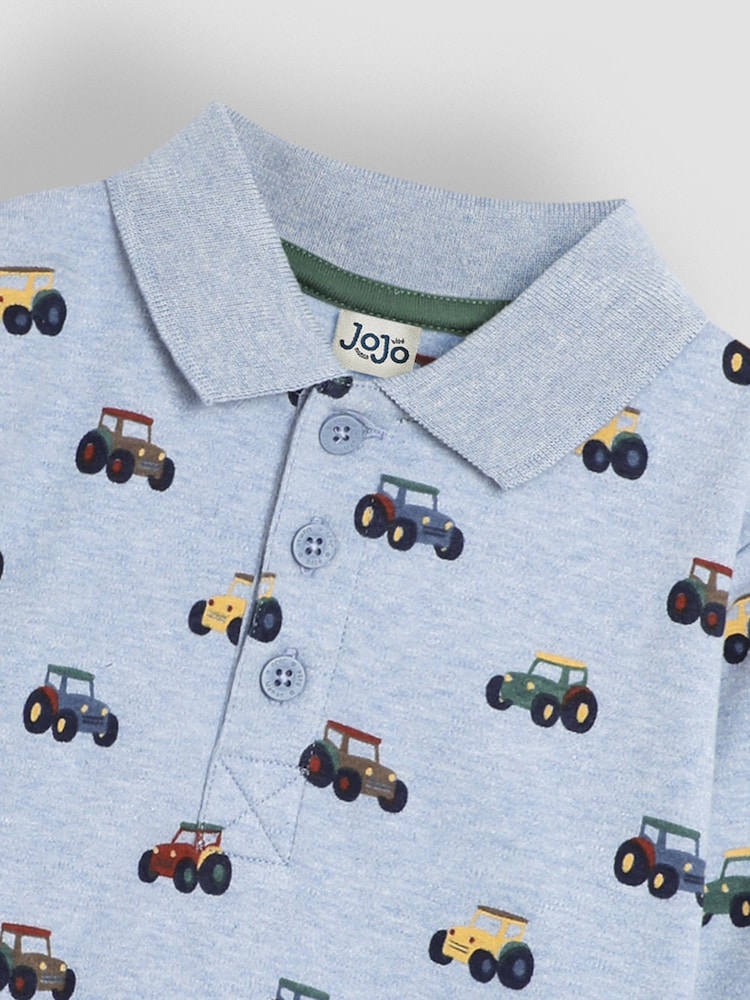 JoJo Maman Bébé Blue Tractor Long Sleeve Print Polo Shirt - Image 3 of 3