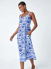 Roman Blue Paisley Border Print Midi Dress - Image 1 of 5
