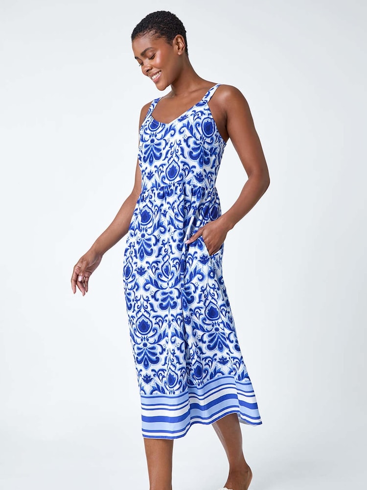 Roman Blue Paisley Border Print Midi Dress - Image 1 of 5 Roman Blue Paisley Border Print Midi Dress - Image 1 of 5