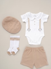 Little Gent Natural Printed Bodysuit Linen Shorts Flat Cap And Socks Outfit Set - Image 1 of 6