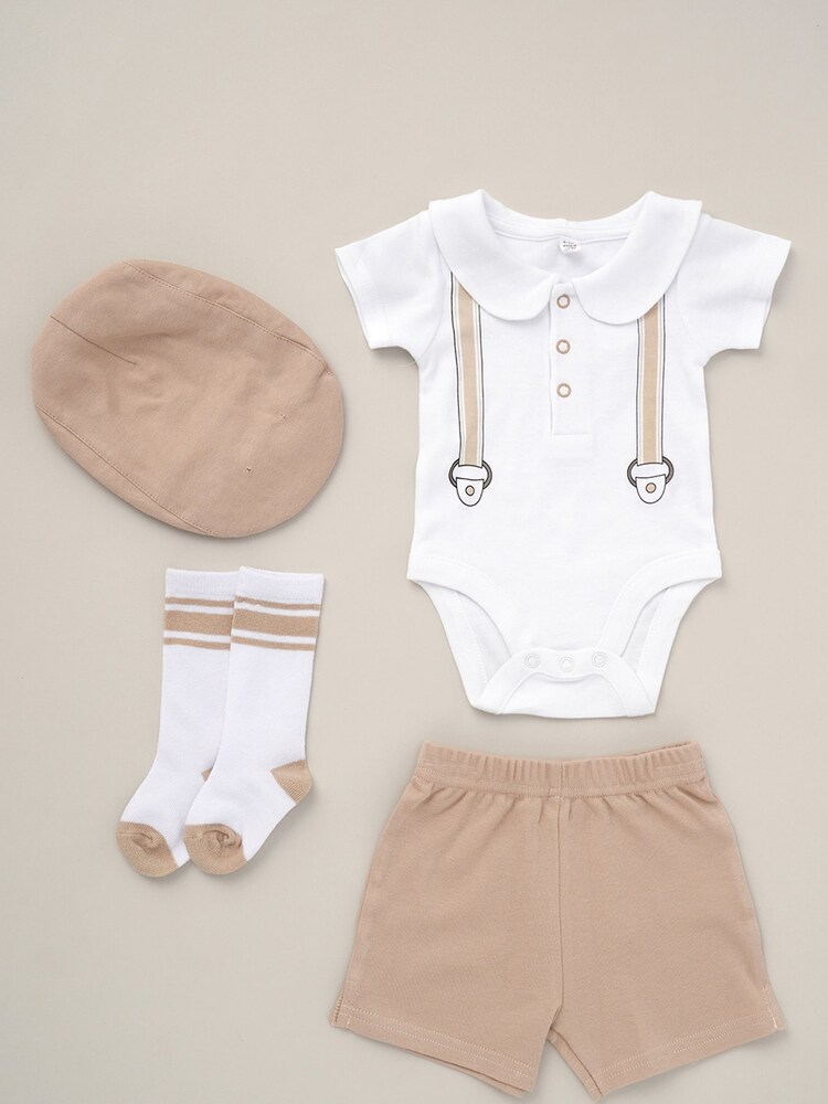 Little Gent Natural Printed Bodysuit Linen Shorts Flat Cap And Socks Outfit Set - Image 1 of 6