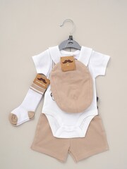 Little Gent Natural Printed Bodysuit Linen Shorts Flat Cap And Socks Outfit Set - Image 2 of 6