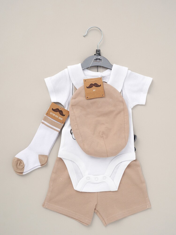 Little Gent Natural Printed Bodysuit Linen Shorts Flat Cap And Socks Outfit Set - Image 2 of 6