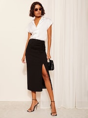 Friends Like These Black Side Ruched Textured Scuba Jersey Midi Skirt - Image 2 of 4