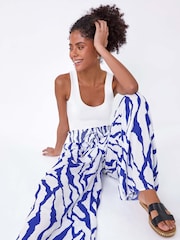 Dusk Blue Animal Stretch Shirrred Wide Leg Trousers - Image 1 of 5