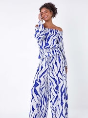 Dusk Blue Animal Stretch Shirrred Wide Leg Trousers - Image 2 of 5