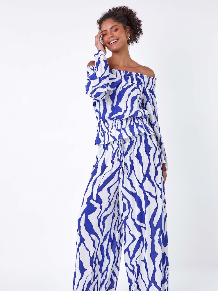 Dusk Blue Animal Stretch Shirrred Wide Leg Trousers - Image 2 of 5