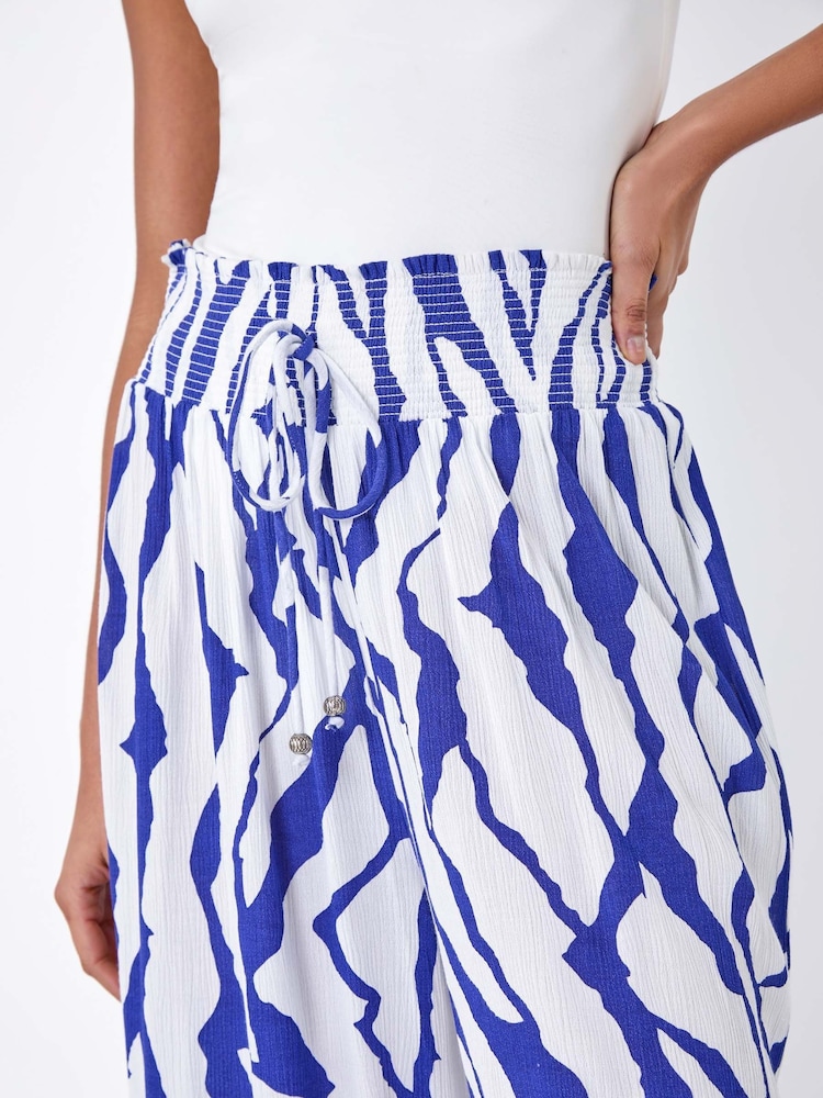 Dusk Blue Animal Stretch Shirrred Wide Leg Trousers - Image 5 of 5