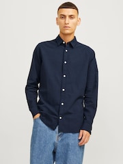 JACK & JONES Blue Linen Blend Long Sleeve Shirt - Image 1 of 7