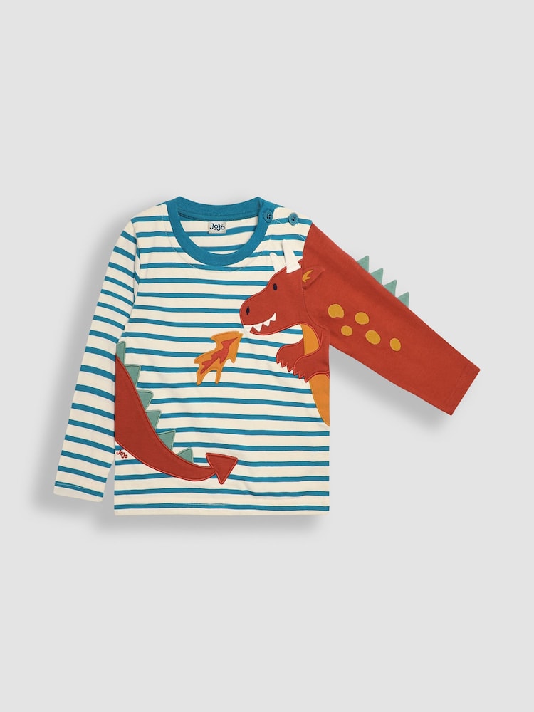 Ecru Dragon - JoJo Maman Bébé Long Sleeve Button Shoulder Striped Appliqué Top - Imagen 1 de 3 Ecru Dragon - JoJo Maman Bébé Long Sleeve Button Shoulder Striped Appliqué Top - Imagen 1 de 3