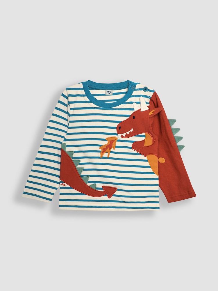 Ecru Dragon - JoJo Maman Bébé Long Sleeve Button Shoulder Striped Appliqué Top - Imagen 2 de 3 Ecru Dragon - JoJo Maman Bébé Long Sleeve Button Shoulder Striped Appliqué Top - Imagen 2 de 3