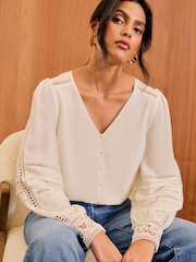 Love & Roses Ivory White Lace Cuff V Neck Blouse - Image 1 of 4