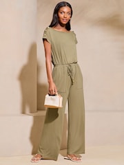 Lipsy Khaki Green Miltary Button Shorts Sleeve Jersey Jumpsuit - Image 1 of 4