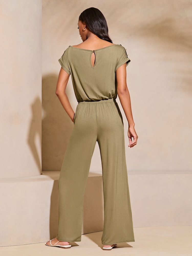 Lipsy Khaki Green Miltary Button Shorts Sleeve Jersey Jumpsuit - Image 2 of 4