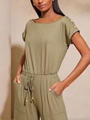 Lipsy Khaki Green Miltary Button Shorts Sleeve Jersey Jumpsuit - Image 3 of 4