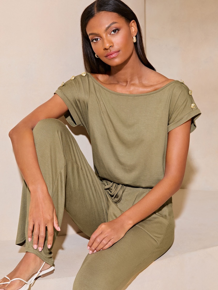 Lipsy Khaki Green Miltary Button Shorts Sleeve Jersey Jumpsuit - Image 4 of 4