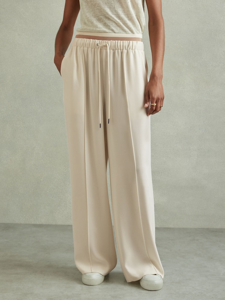 Reiss Cream Fleur Petite Waistband Detail Wide Leg Trousers - Image 1 of 7