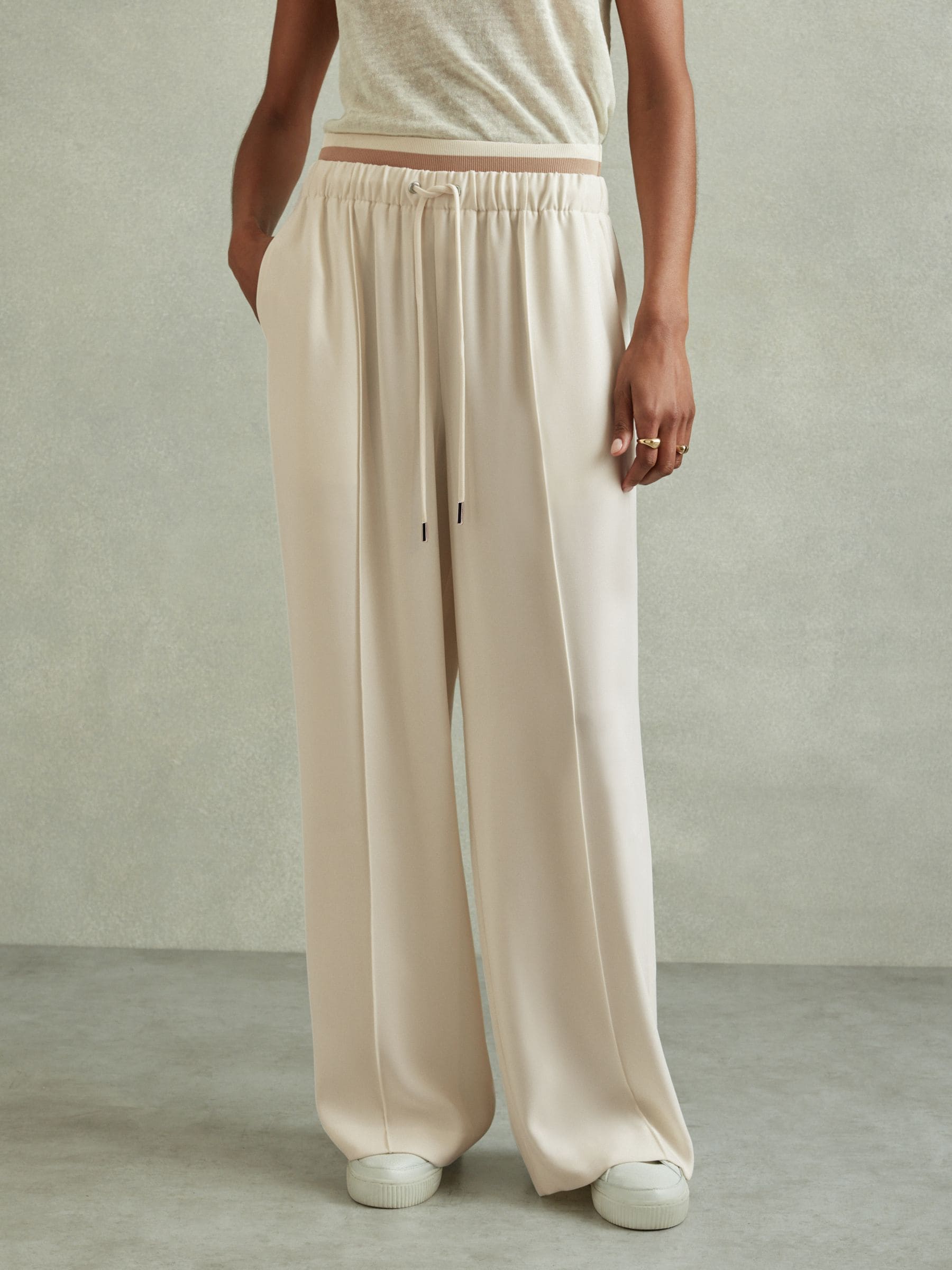 Buy Reiss Cream Fleur Petite Waistband Detail Wide Leg Trousers