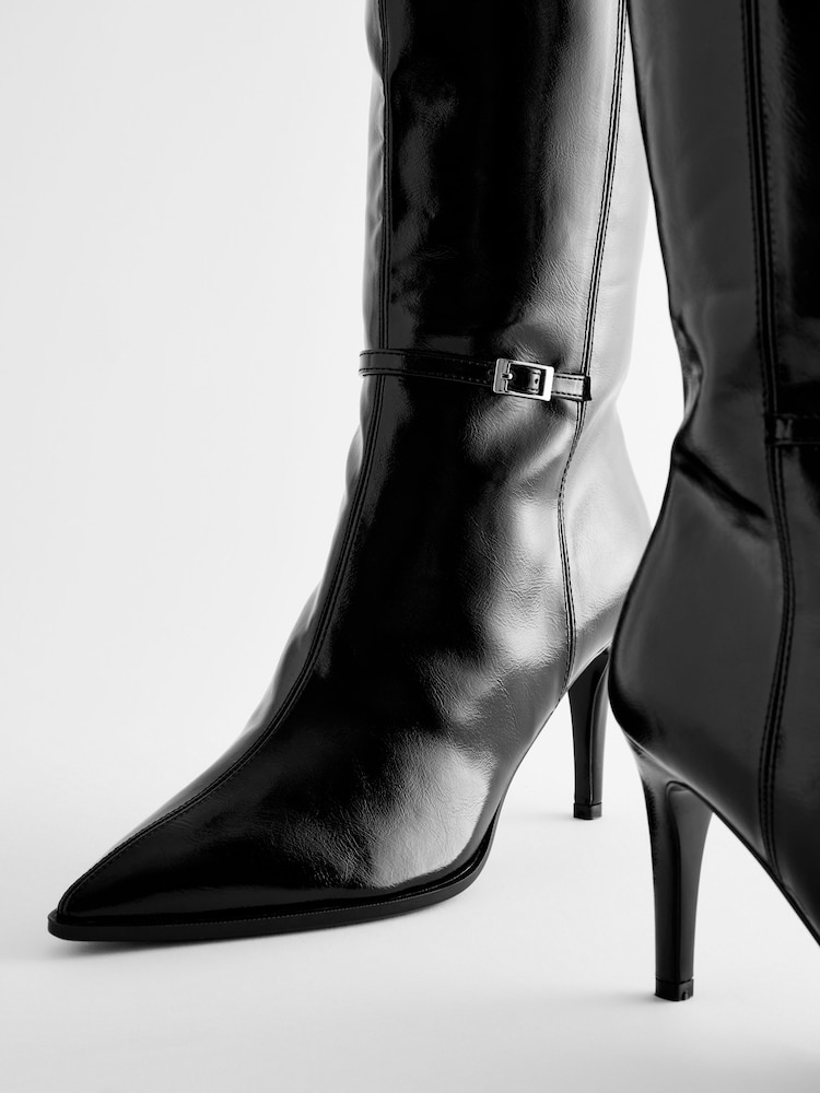 Black Forever Comfort® Skinny Heeled Buckle Detail Knee High Boots - Image 8 of 10